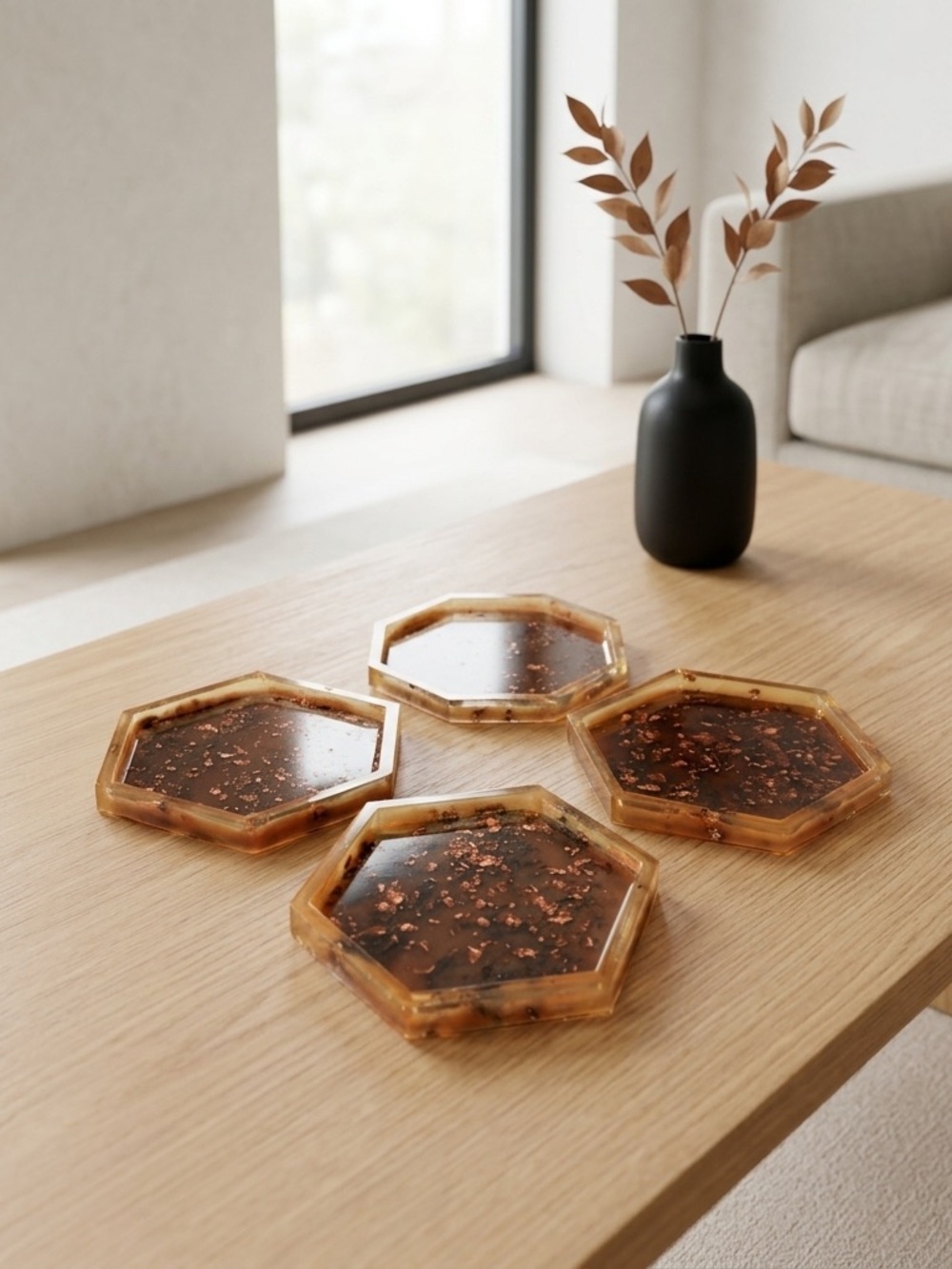Handmade Resin Hexagon Copper Flecked Drink Coasters Barware Set of 4